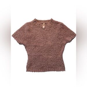 SKIMS Brown‎ Tan Fuzzy Cropped Short Sleeve Knitted Stretchy Women's Top XXS/XS